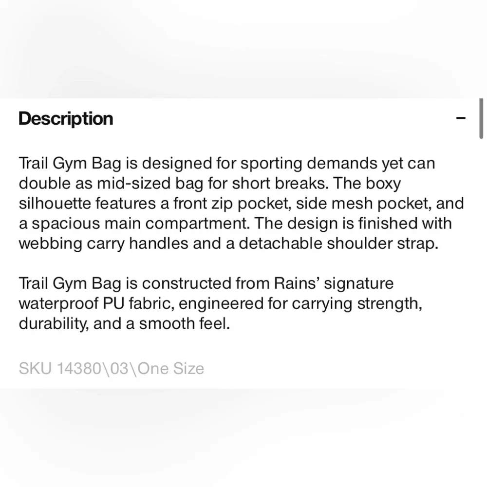 NWT Rains Trail Gym Bag Black Waterproof PU Fabric Mid Size